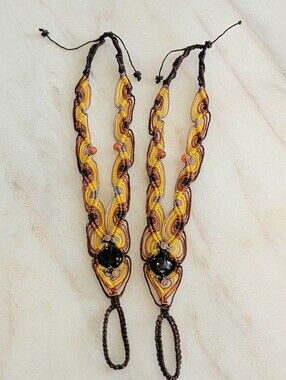 Handmade Macramé Barefoot Sandals – Black Onyx Cabochon, Sunset Yellow & Rust